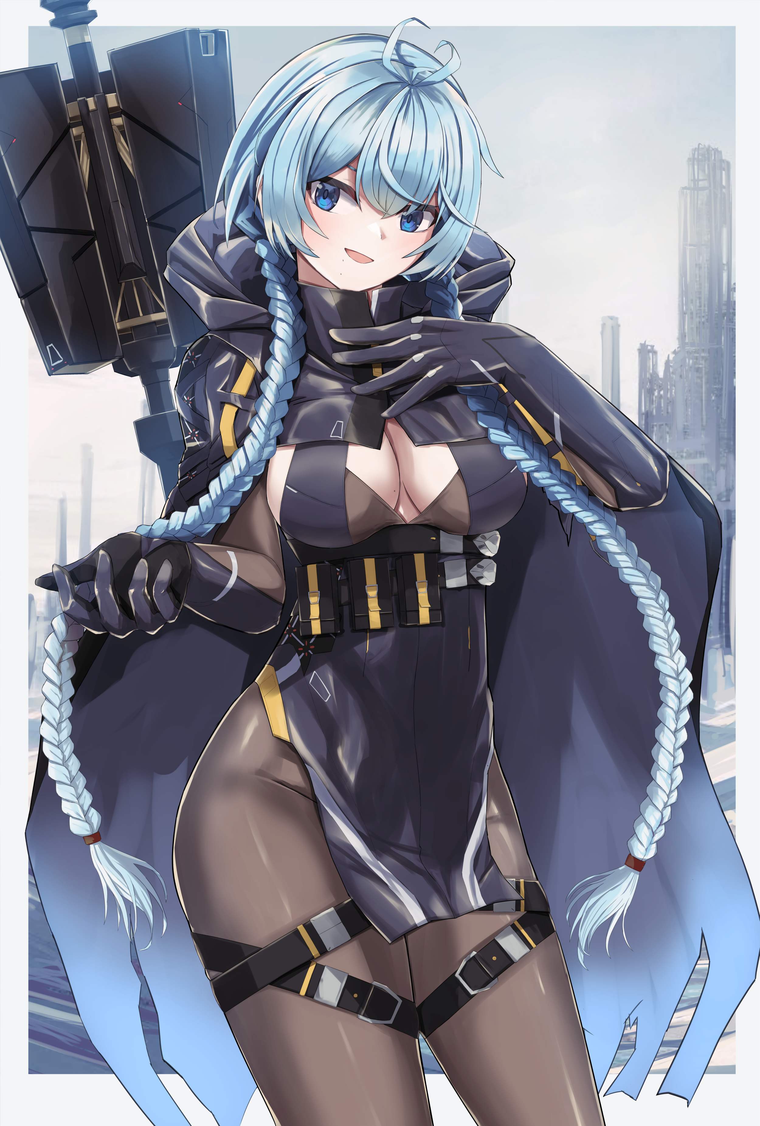 1girl :d absurdres anila_(counter:side) antenna_hair belt black_cloak black_gloves blue_eyes blue_hair border braid breasts building cleavage cloak commentary counter:side gloves groin hand_on_own_chest high_belt highres hood hood_down hooded_cloak long_hair looking_at_viewer low_twin_braids medium_breasts mole mole_on_breast mole_under_eye msto multiple_moles open_mouth outside_border pantyhose pelvic_curtain pouch ruins skyscraper smile solo staff standing thigh_belt thigh_strap twin_braids underbust white_border