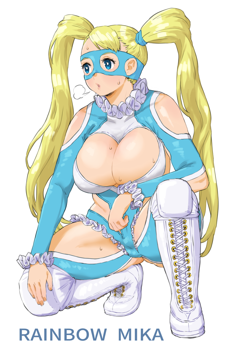 1girl blonde_hair blue_eyes boots breasts cleavage_cutout clothing_cutout commentary_request full_body highres huge_breasts long_hair looking_to_the_side rainbow_mika solo squatting street_fighter street_fighter_zero_(series) twintails very_long_hair wakaho_riku wrestling_mask wrestling_outfit