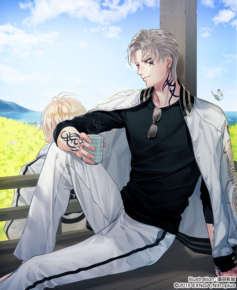 2boys arm_tattoo blonde_hair blue_sky bug butterfly cloud cup earrings eyewear_hang unworn_eyewear field insect jacket jacket_on_shoulders jewelry male_focus multiple_boys nansen_ichimonji neck_tattoo official_art pants red_eyes sanchoumou sitting sky smile stud_earrings suda_ayaka sunglasses tattoo touken_ranbu track_jacket track_pants white_butterfly yunomi