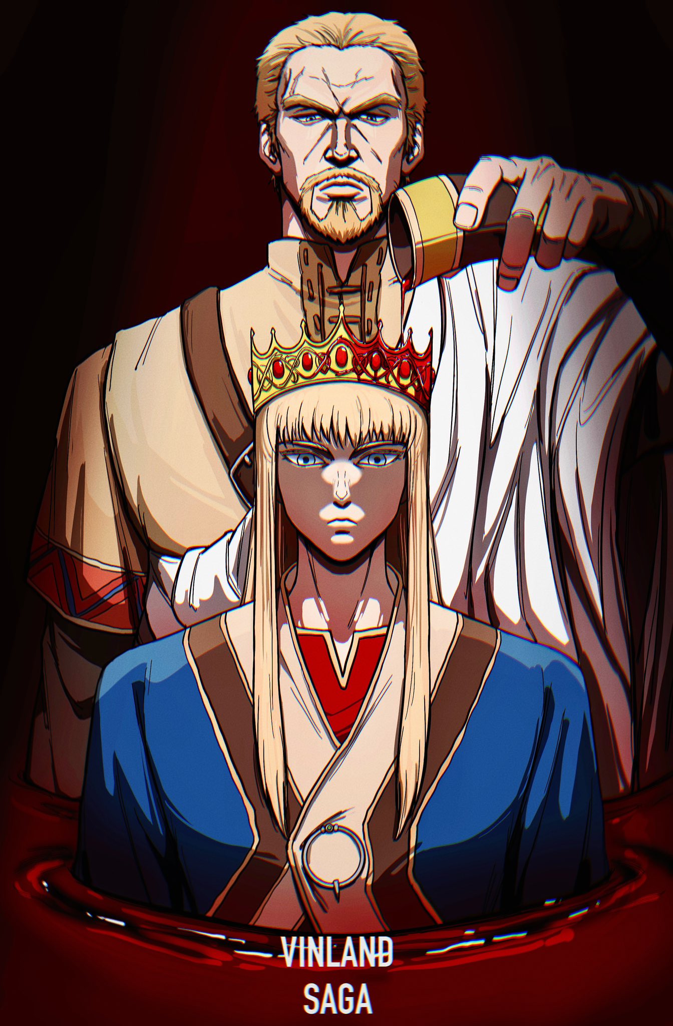 2boys aquiline_nose askeladd bara blonde_hair blood blood_on_crown blue_eyes canute coronation cup facial_hair frown goatee hair_slicked_back highres holding holding_cup king long_hair male_focus mature_male multiple_boys nose pool_of_blood serious short_hair spotlight tako_(tako_yaki111) thick_eyebrows upper_body vinland_saga