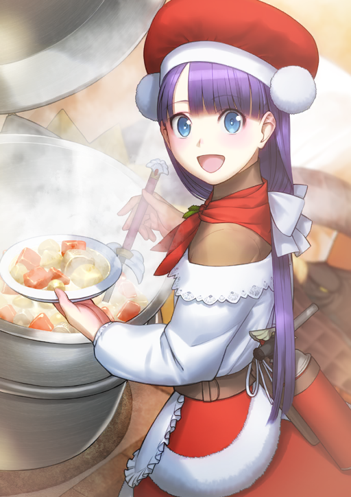 1girl :d apron bandana bandana_around_neck belt blue_eyes blush bow bowl brown_belt brown_shirt chef_hat cooking cowboy_shot fate/grand_order fate_(series) food from_above from_side fur-trimmed_skirt fur_trim game_cg hair_bow hand_blush hat high_collar holding holding_bowl holding_food holding_ladle ladle long_hair long_sleeves looking_at_viewer looking_back low-tied_long_hair martha_(fate) martha_(santa)_(fate) off-shoulder_shirt off_shoulder official_art open_mouth parted_bangs pom_pom_(clothes) puffy_long_sleeves puffy_sleeves purple_hair red_bandana red_hat red_skirt sakamoto_mineji santa_costume shirt shirt_under_shirt skirt smile solo soup steam third-party_source white_apron white_bow