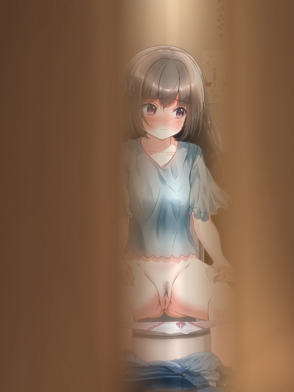 1girl blush bow bow_panties brown_hair cleft_of_venus clothes_pull denim female_focus female_pubic_hair jeans long_hair original panties pants pants_pull panty_pull pubic_hair pussy solo spread_legs tachiinu toilet toilet_paper toilet_use uncensored underwear voyeur_pov voyeurism