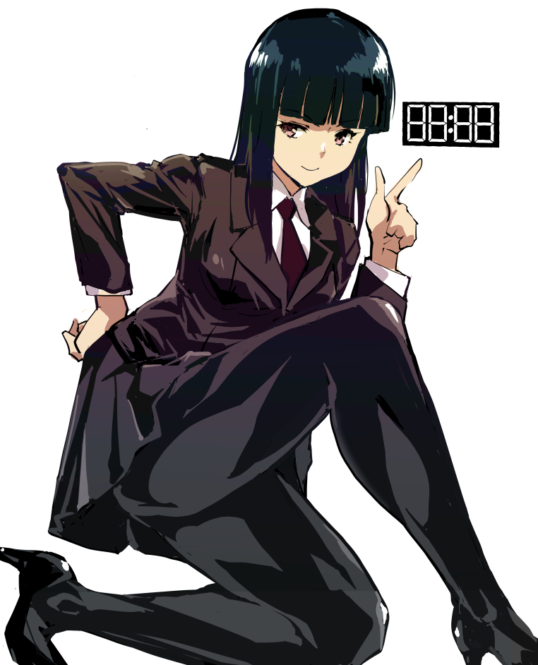 1girl black_hair blunt_bangs breasts brown_eyes commentary_request grey_jacket grey_skirt hand_on_own_hip jacket kamisimo_90 long_hair looking_at_viewer medium_breasts military_uniform necktie original pantyhose pleated_skirt pointing seven-segment_display shirt skirt smile squatting thighs tights_girl_(kamisimo_90) underwear white_shirt