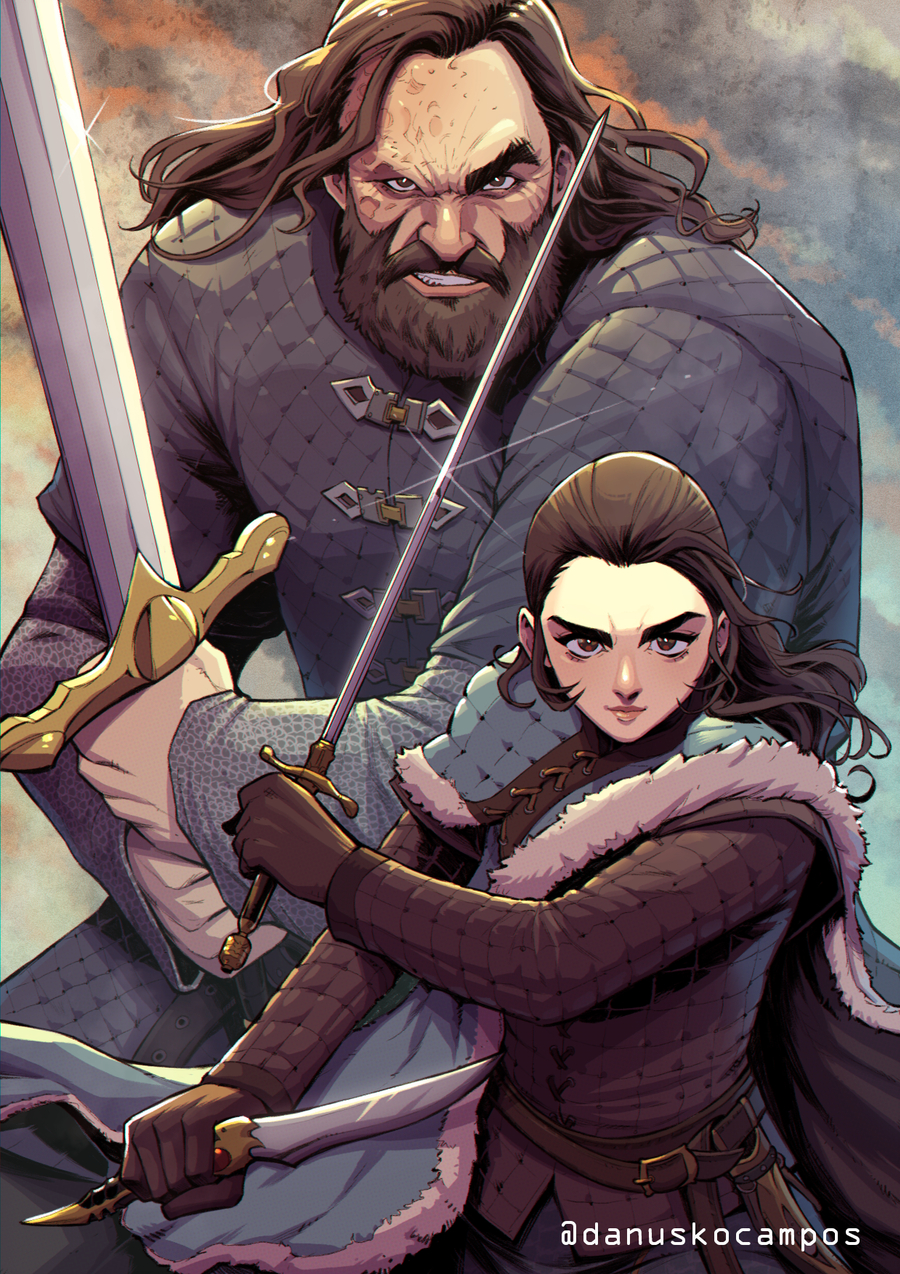 1boy 1girl a_song_of_ice_and_fire armor arya_stark black_hair brown_hair cape dagger danusko dual_wielding facial_hair fur_trim game_of_thrones highres holding knife long_hair sandor_clegane scar short_hair standing sword weapon