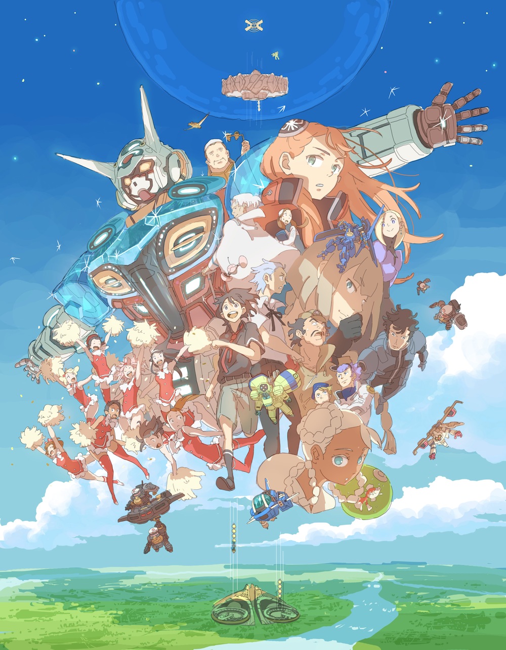 6+boys 6+girls bellri_zenam black_gloves black_hair black_ribbon black_socks blonde_hair blue_hair blue_sky c_otom cape character_request cheerleader closed_eyes closed_mouth cloud cloudy_sky earrings floating_hair g-self gloves gundam gundam_g_no_reconguista hair_bobbles hair_ornament headgear highres horns jewelry long_hair looking_afar looking_at_viewer looking_to_the_side mecha mobile_suit multiple_boys multiple_girls necktie open_mouth pom_pom_(cheerleading) purple_hair red_hair red_necktie red_thighhighs ribbon river robot running shirt short_hair short_sleeves shorts sky sleeveless smile socks sparkle star_(sky) thighhighs white_cape white_hair white_shirt