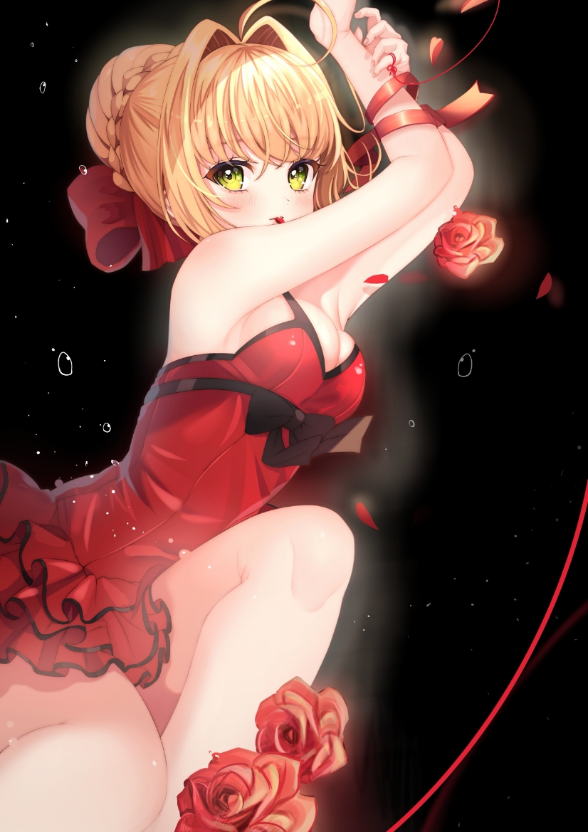 1girl ahoge armpits bare_legs black_background black_bow blonde_hair bow braid breasts chinese_commentary cleavage dress fate/extra fate_(series) female_focus flower green_eyes hair_bow hair_bun hair_intakes medium_breasts modern_costume_of_crimson mouth_hold nero_claudius_(fate) nero_claudius_(fate/extra) nero_claudius_(modern_costume_of_crimson)_(fate) official_alternate_costume petals red_bow red_dress red_flower red_ribbon red_rose ribbon rose short_hair simple_background single_hair_bun solo weizhi