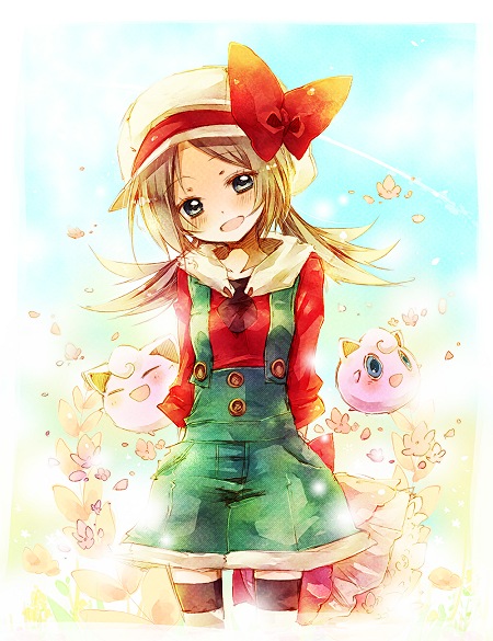 00s amamiya_kabosu brown_hair newsboy_cap flower gen_1_pokemon hat jigglypuff lyra_(pokemon) nintendo overalls pokemon pokemon_(creature) pokemon_hgss ribbon thighhighs twintails