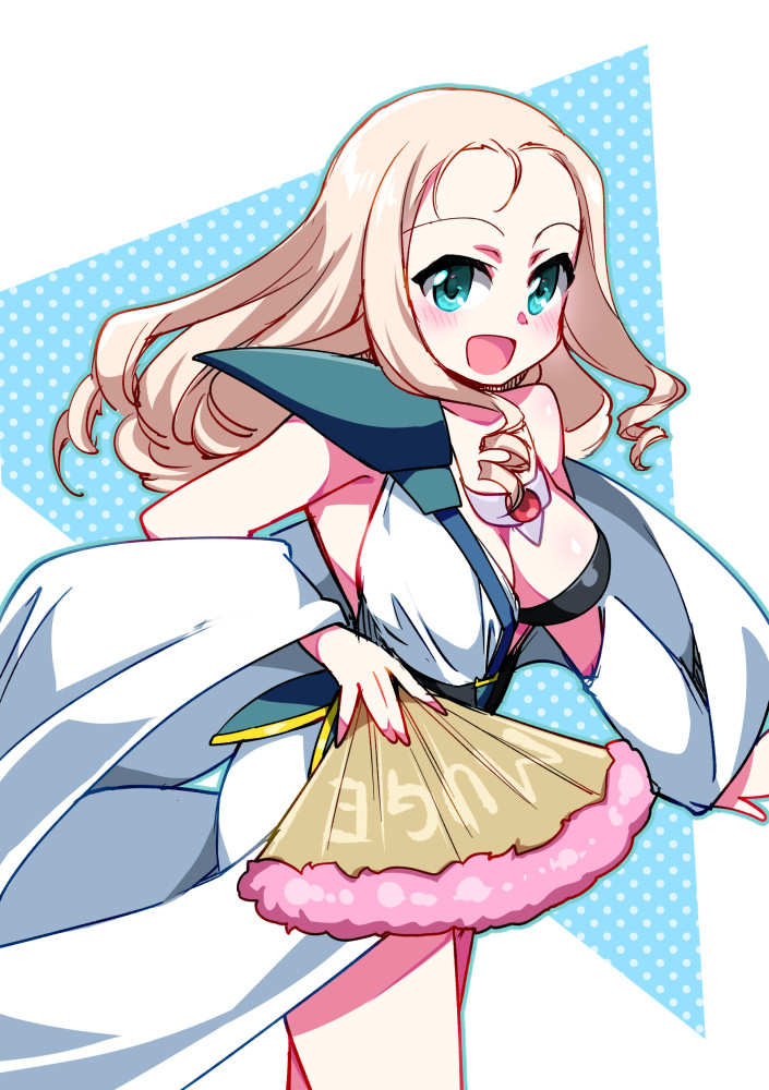 1girl blonde_hair blue_eyes breasts choujuu_kishin_dancouga cleavage cosplay dancouga_(series) detached_sleeves dress forehead girls_und_panzer hand_fan hara_yumi holding holding_fan looking_at_viewer marie_(girls_und_panzer) medium_breasts nail_polish pink_nails robot_girls_z shapi_(robot_girls_z) shapi_(robot_girls_z)_(cosplay) shapiro smile solo voice_actor_connection white_dress