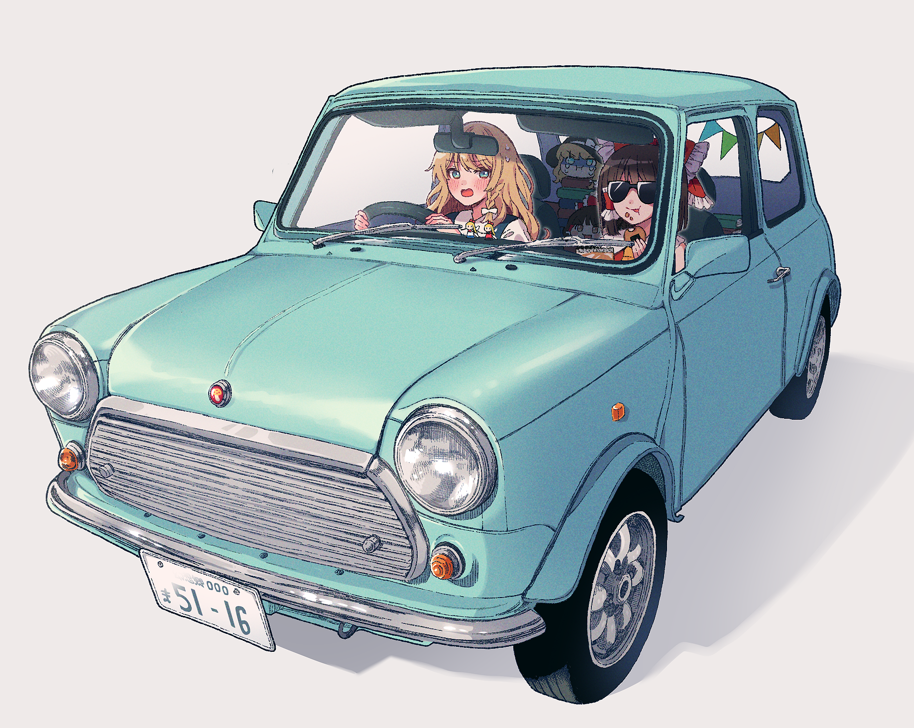 4girls aqua_car ascot blonde_hair blue_car blush book bow braid brown_hair car crumbs crying driving eating frilled_hair_tubes frills hair_bow hair_tubes hakurei_reimu hat highres hourai_doll kirisame_marisa license_plate medium_hair mini_cooper motor_vehicle multiple_girls multiple_hair_bows open_mouth pout right-hand_drive shanghai_doll short_hair single_braid steering_wheel sunglasses sweatdrop touhou touya_(konpekitou) vehicle_focus witch_hat yellow_ascot yukkuri_shiteitte_ne