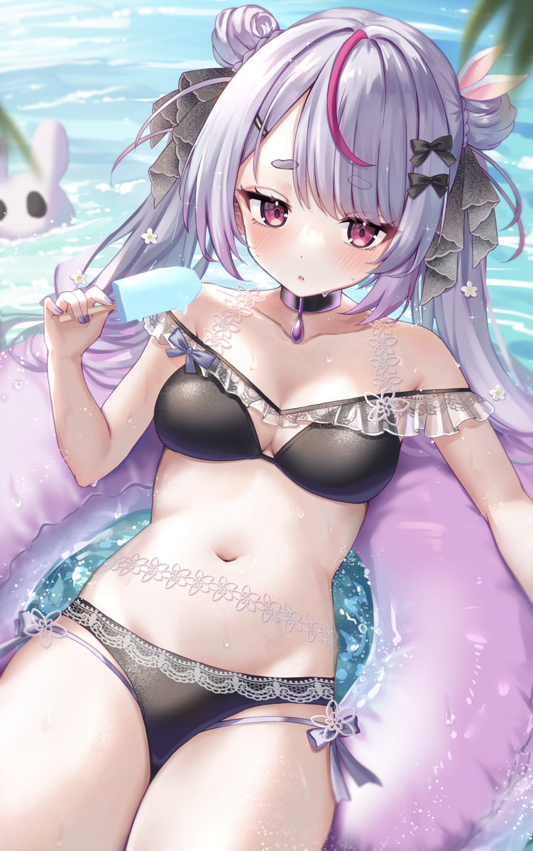 1girl bare_shoulders bikini black_bikini food hair_bun holding holding_food holding_popsicle innertube long_hair multicolored_hair nail_polish navel pink_eyes popsicle purple_hair reityana streaked_hair swim_ring swimsuit tosaki_mimi tosaki_mimi_(vspo!_summer_2024) virtual_youtuber vspo! water