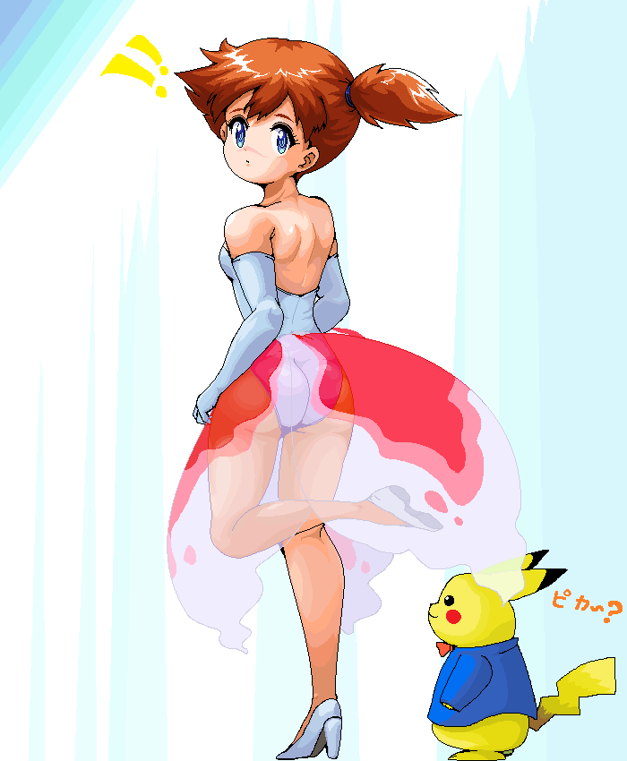 1girl ass asymmetrical_hair back bare_shoulders blue_eyes blue_gloves blue_leotard blush breasts brown_hair clothed_pokemon cosplay elbow_gloves from_behind gen_1_pokemon gloves goldeen goldeen_(cosplay) gym_leader high_heels legs leotard looking_at_viewer looking_back misty_(pokemon) nintendo orange_hair pikachu pokemon pokemon_(anime) pokemon_(classic_anime) pokemon_ep043 ponytail rf_(aruehu) shoes short_hair side_ponytail smile solo standing standing_on_one_leg strapless thighs