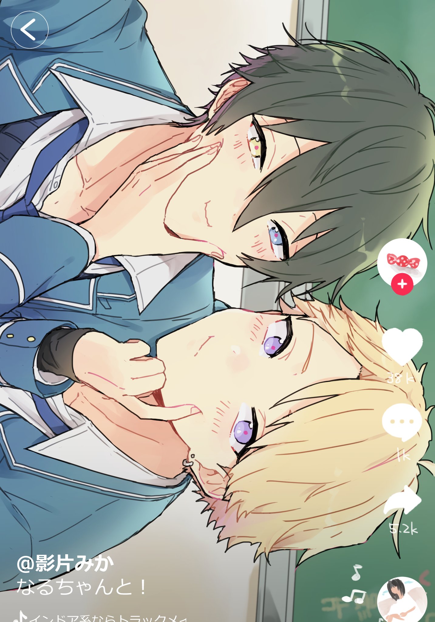 2boys blonde_hair blue_eyes blue_necktie blush chalkboard collared_shirt commentary_request earrings ensemble_stars! finger_to_another's_cheek fingernails green_hair hand_on_another's_face highres hoop_earrings index_finger_raised jewelry juma_(wolf81gizinka) kagehira_mika long_sleeves looking_at_viewer male_focus multiple_boys narukami_arashi necktie open_collar purple_eyes red_pupils school_uniform shirt short_hair stud_earrings translation_request upper_body yellow_eyes yumenosaki_school_uniform