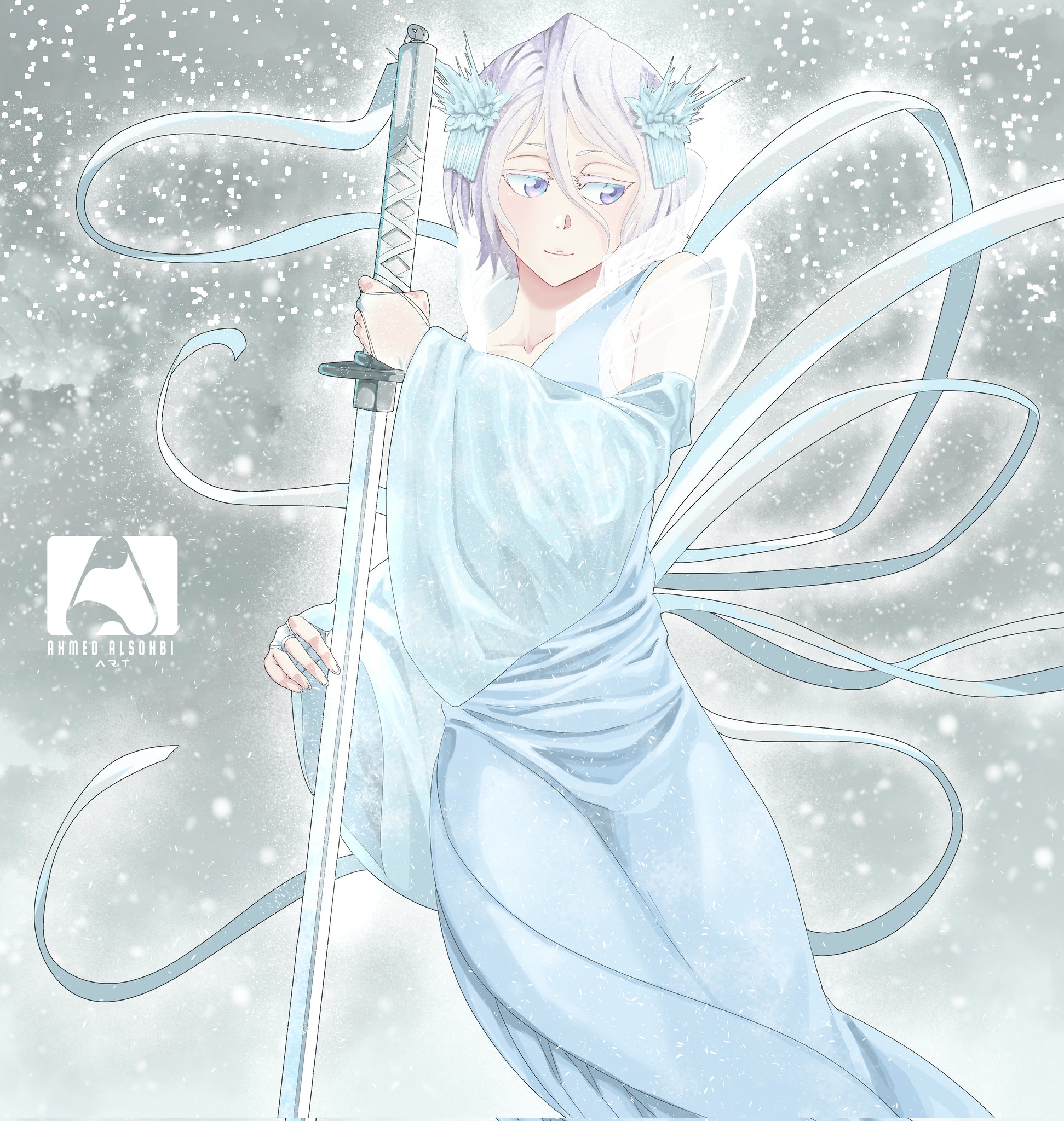 1girl ahmedalsohbi bankai bleach bleach:_sennen_kessen-hen colored_eyelashes dress hair_between_eyes hair_ornament hakka_no_togame_(bankai) highres holding holding_sword holding_weapon ice japanese_clothes kimono kuchiki_rukia long_sleeves purple_eyes short_hair smile snow solo sword weapon white_dress white_hair wide_sleeves