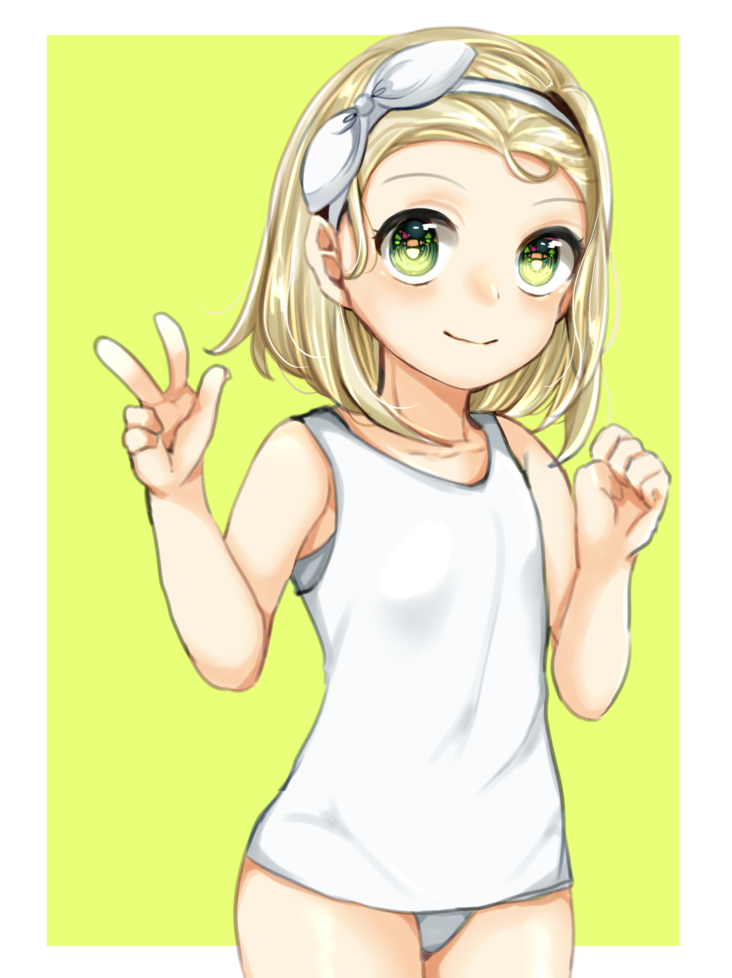 1girl blonde_hair collarbone eyebrows flat_chest forehead green_eyes hairband highres i-504_(kancolle) kantai_collection looking_at_viewer luigi_torelli_(kancolle) medium_hair nanari_(nanari_nannari) one-piece_swimsuit school_swimsuit smile solo swimsuit v white_hairband white_one-piece_swimsuit yellow_background