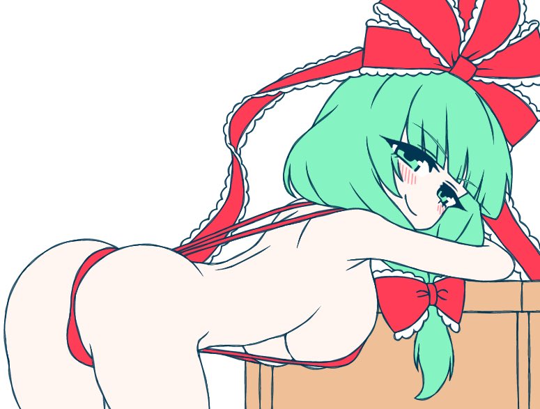 1girl ass back bent_over blush bow breasts closed_mouth commentary_request cowboy_shot frilled_bow frills front_ponytail green_eyes green_hair hair_bow kagiyama_hina ketsumaimo large_breasts long_hair looking_at_viewer red_bow red_slingshot_swimsuit simple_background slingshot_swimsuit smile solo swimsuit touhou white_background