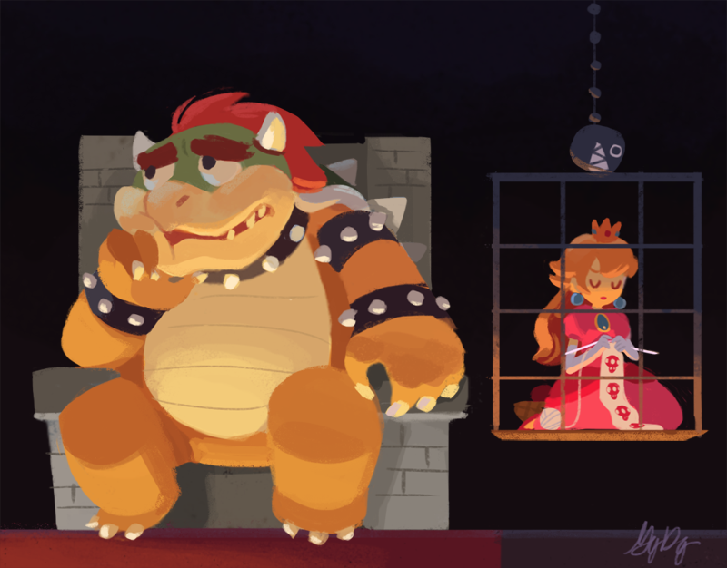 bad_id bad_tumblr_id blonde_hair bowser cage dress gigi_d.g. mario_(series) nintendo pink_dress princess_peach red_hair source_request throne