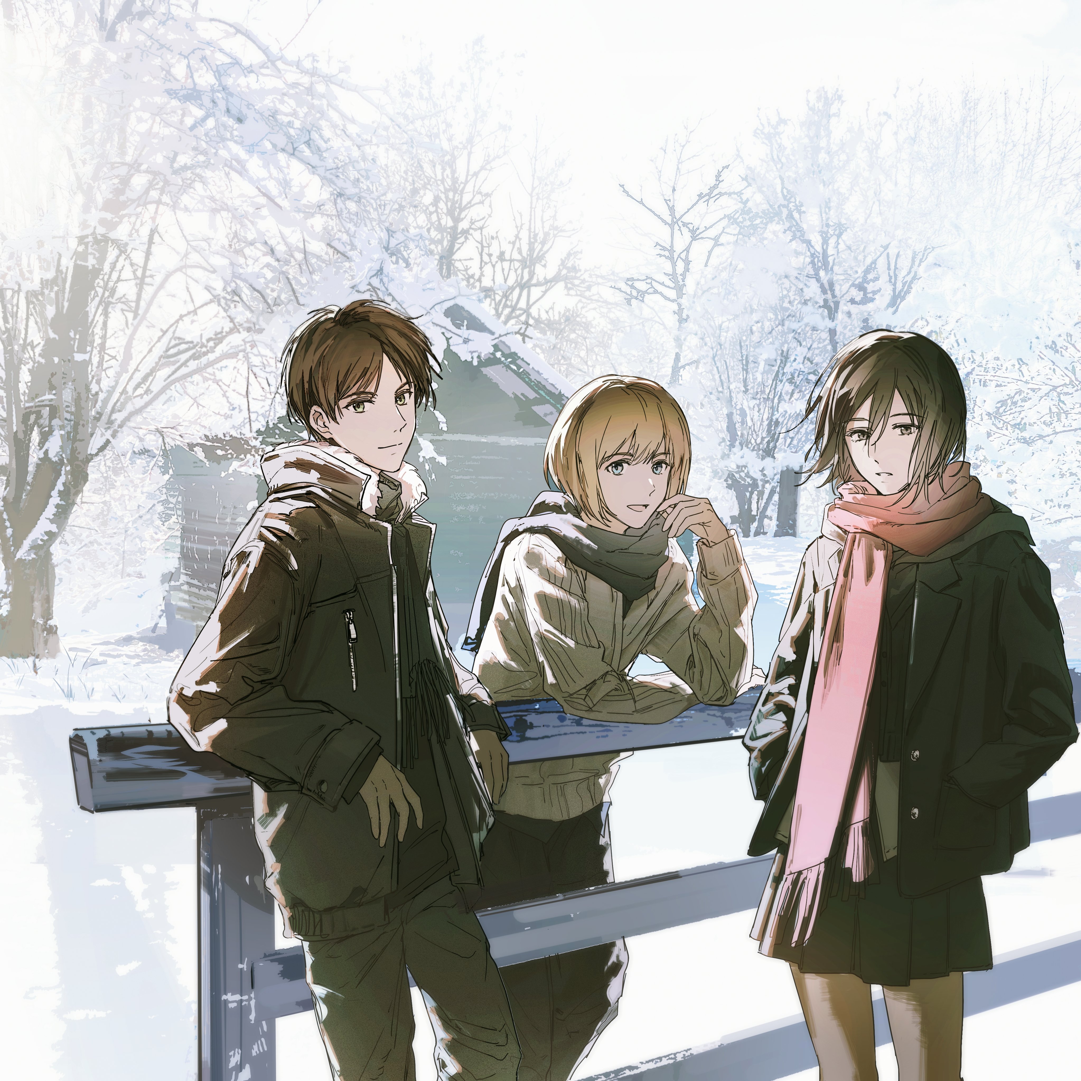 1girl 2boys absurdres armin_arlert bare_tree black_hair black_pants brown_hair cabin closed_mouth eren_yeager fence hair_between_eyes hashtag-only_commentary highres jacket long_sleeves mikasa_ackerman multiple_boys open_clothes open_jacket open_mouth outdoors pants parted_lips red_scarf scarf shingeki_no_kyojin short_hair skirt snow standing sweater swept_bangs tree winter winter_clothes yuno_11_02