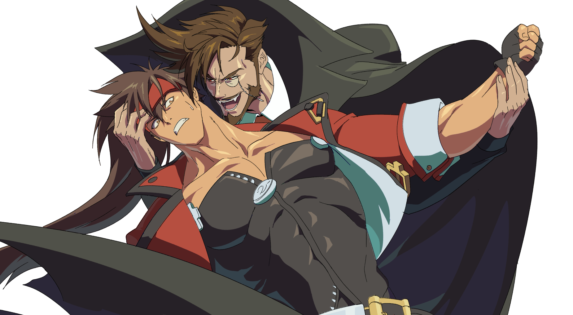 2boys abs ashensol bara beard brown_hair dark-skinned_male dark_skin facial_hair full_beard guilty_gear highres imminent_bite large_pectorals male_focus mature_male multiple_boys pectoral_cleavage pectorals short_hair slayer_(guilty_gear) sol_badguy spiked_hair upper_body vampire yaoi