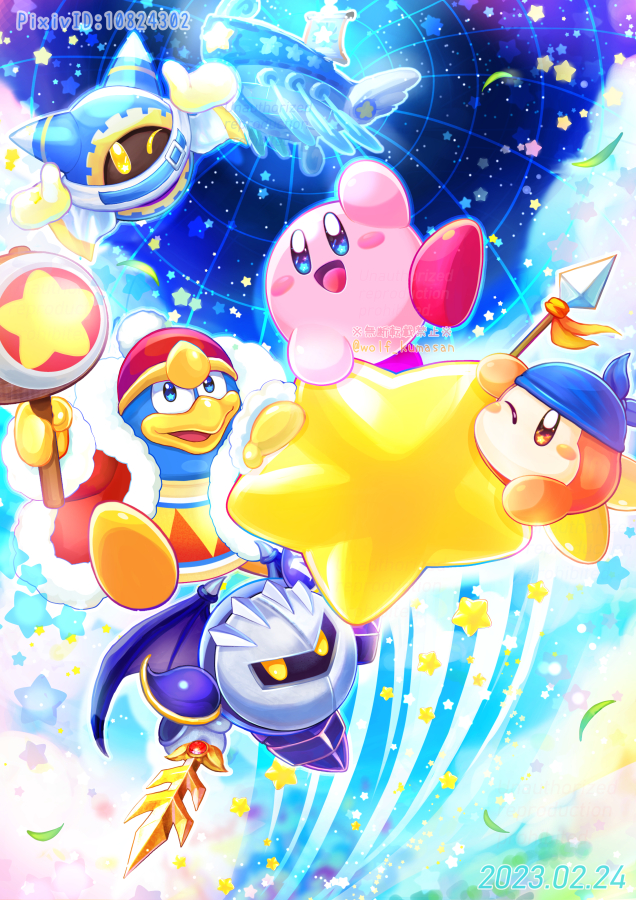 :d aircraft airship arm_up armor armored_boots artist_name bandana bandana_waddle_dee blue_bandana blue_eyes blue_sky blush blush_stickers boots brown_eyes cloak cloud commentary_request dated fur-trimmed_jacket fur-trimmed_sleeves fur_trim galaxia_(sword) gloves hammer hat holding holding_hammer holding_polearm holding_sword holding_weapon jacket king_dedede kirby kirby&#039;s_return_to_dream_land kirby_(series) kumaoka_pon leaf lens_flare lor_starcutter magolor mask meta_knight nintendo no_humans one_eye_closed open_clothes open_jacket open_mouth pauldrons pixiv_id polearm pom_pom_(clothes) purple_footwear purple_wings rayman_limbs red_headwear red_jacket riding shoulder_armor sky smile spear spiked_wings spikes star_(sky) star_(symbol) starry_sky sword twitter_username warp_star watermark weapon white_cloak white_gloves wings yellow_eyes yellow_gloves