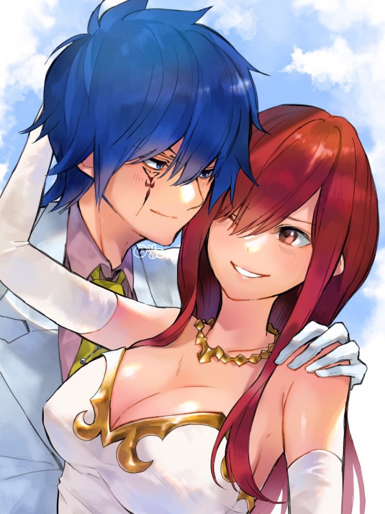 1boy 1girl arm_up bare_shoulders blue_eyes blue_hair blue_sky breasts brown_eyes cleavage closed_mouth cloud collared_shirt couple dress elbow_gloves erza_scarlet facial_mark fairy_tail formal_clothes gloves gold_trim grin hand_on_another&#039;s_shoulder hetero jellal_fernandes large_breasts long_hair looking_at_another necktie one_eye_closed red_hair shirt short_hair sky smile suit upper_body usagi448 white_dress white_gloves yellow_necktie