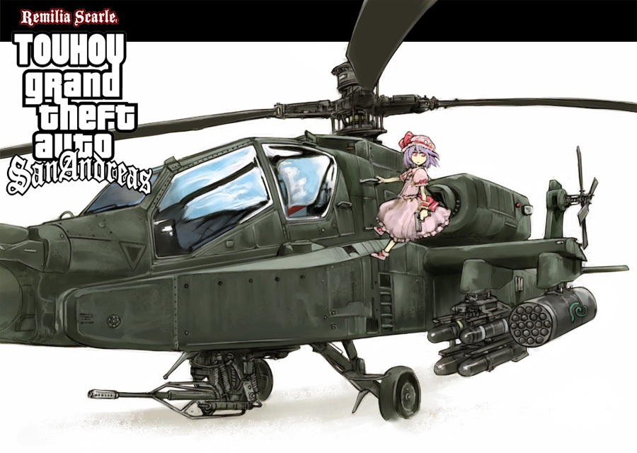 1girl agm-114_hellfire ah-64 ah-64_apache air-to-surface_missile aircraft anti-tank_guided_missile anti-tank_missile attack_helicopter autocannon bat_wings cannon cervus chain_gun character_name copyright_name crossover full_body grand_theft_auto grand_theft_auto:_san_andreas gun gunship hat helicopter helicopter_gunship kagiyama_hina lau-61_g/a m230_chain_gun m261 m299 military_vehicle missile_rack precision-guided_munition purple_hair red_eyes remilia_scarlet rocket_artillery rocket_launcher rocket_pod rockstar short_hair surface-to-surface_missile touhou weapon wings yakugami