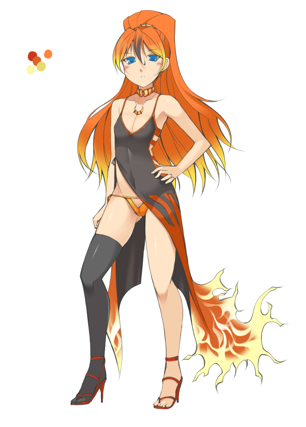 1girl agnaktor blue_eyes capcom female_focus flat_chest high_heels long_hair monster_hunter_(series) multicolored_hair ohta_yuichi orange_hair personification solo