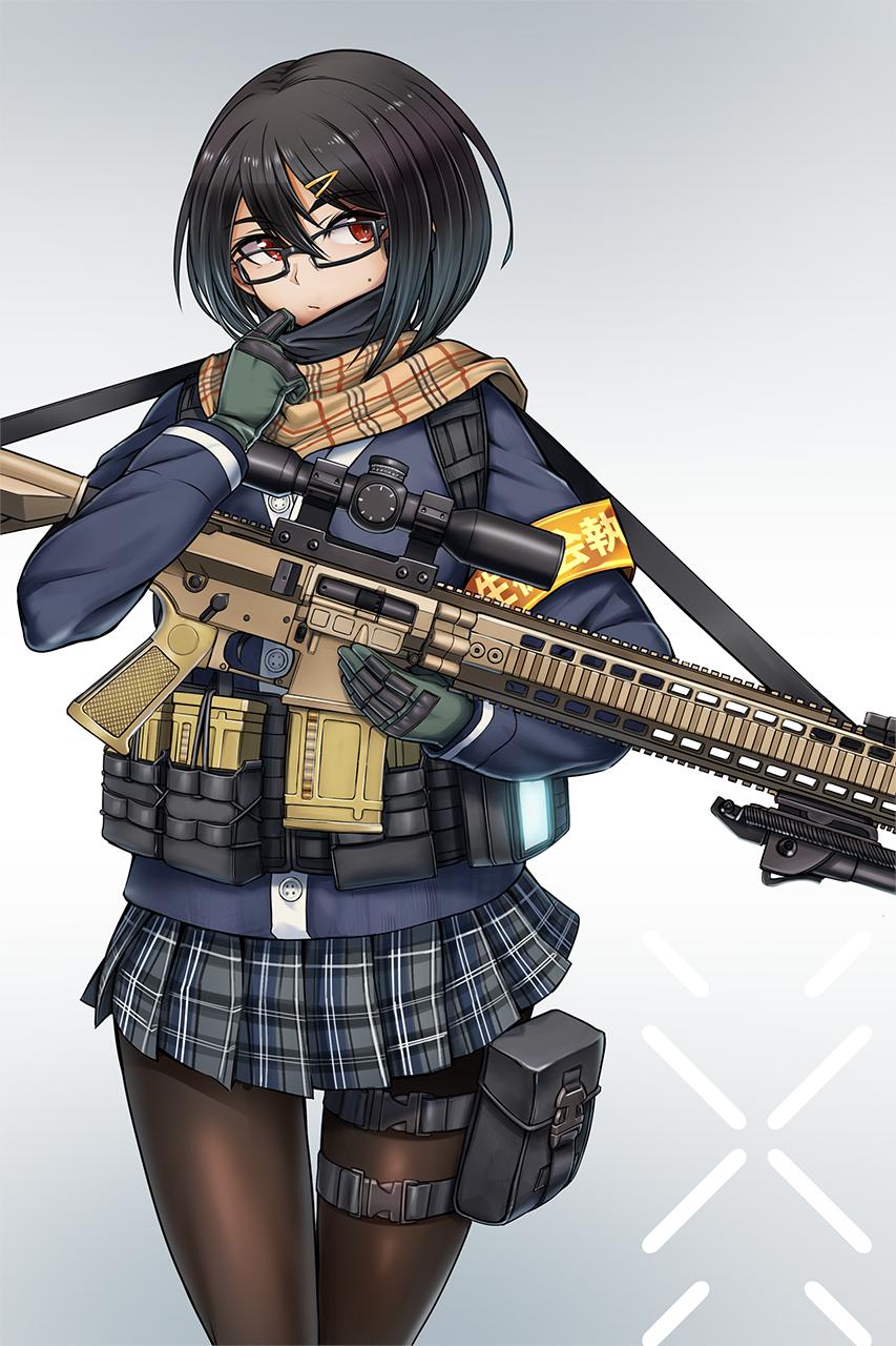 1girl ar-10 armband battle_rifle black-framed_eyewear black_hair black_pantyhose blue_jacket brown_scarf collar_tug commentary cowboy_shot female_focus gloves green_gloves grey_background grey_skirt gun hair_ornament hairclip harness highres holding holding_gun holding_weapon jacket long_hair long_sleeves looking_at_viewer m110_sass magazine_(weapon) miniskirt mole pantyhose plaid_clothes plaid_scarf plaid_skirt pleated_skirt pouch red_eyes rifle scarf skirt sniper_rifle solo solokov_(okb-999) standing tactical_clothes thigh_strap weapon