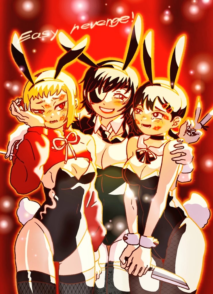3girls animal_ear_headwear animal_ears black_choker black_eyes black_hair black_necktie blonde_hair blush breasts brown_eyes chainsaw_man choker cigarette cleavage commentary english_text eyepatch fake_animal_ears fake_tail fishnets ghost_devil_(chainsaw_man) grin hair_ornament hairclip hand_on_another&#039;s_shoulder higashiyama_kobeni himeno_(chainsaw_man) holding holding_knife knife large_breasts leotard lipstick_mark lipstick_mark_on_cheek lipstick_mark_on_face lipstick_mark_on_forehead medium_breasts mole mole_under_eye mole_under_mouth multiple_girls necktie nya_tt0 open_mouth playboy_bunny rabbit_ears rabbit_tail red_eyes sawatari_akane_(chainsaw_man) smile symbol-only_commentary tail v wrist_cuffs