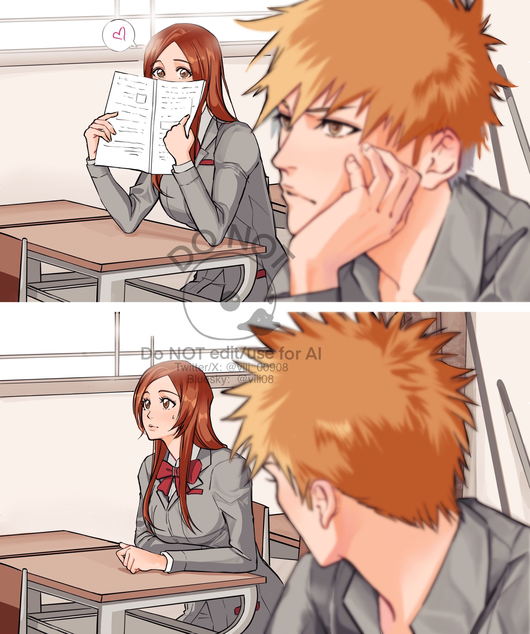 1boy 1girl bleach bow brown_hair collared_shirt desk grey_shirt heart highres holding holding_paper indoors inoue_orihime karakura_high_school_uniform kurosaki_ichigo long_hair long_sleeves looking_at_another orange_hair paper red_bow school_uniform shirt sidelocks sitting speech_bubble spiked_hair viii_00908 watermark