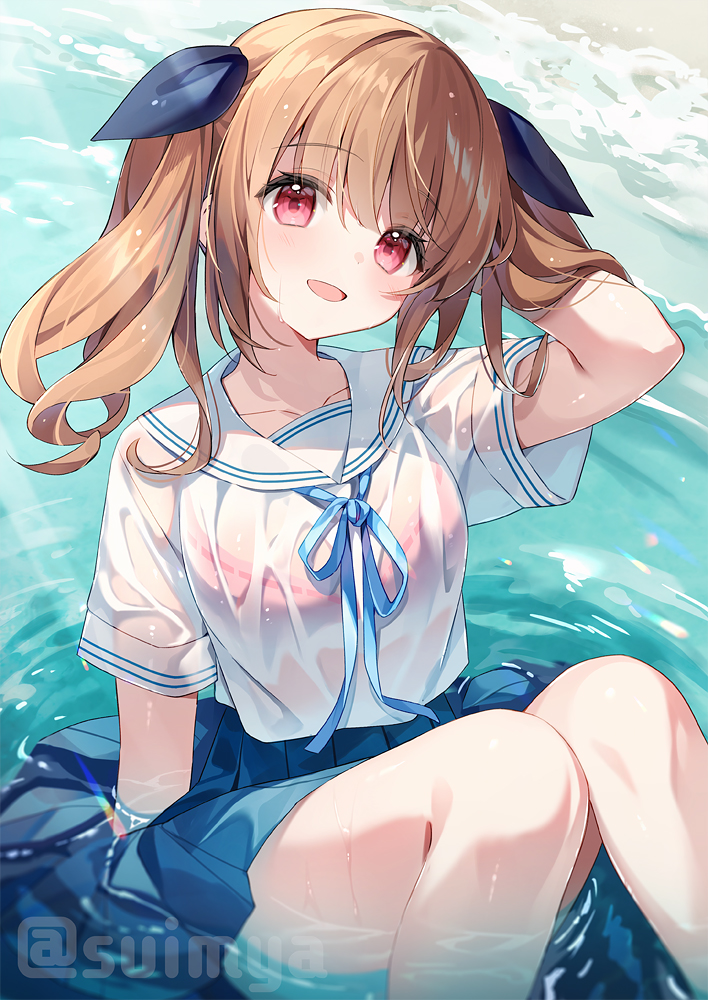 1girl arm_behind_head artist_name beach black_bow blonde_hair blue_ribbon blue_skirt bow bra bra_visible_through_clothes commentary_request hair_bow head_tilt looking_at_viewer neck_ribbon open_mouth original pink_bra red_eyes ribbon ribbon-trimmed_bra ribbon_trim sailor_collar school_uniform shirt short_sleeves sitting skirt smile solo suimya twitter_username underwear water wet wet_clothes wet_shirt white_sailor_collar