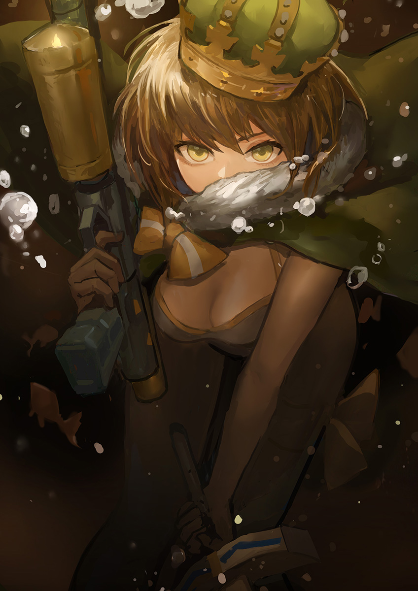 1girl air_bubble animal artoria_pendragon_(fate) artoria_pendragon_(swimsuit_archer)_(fate) artoria_pendragon_(swimsuit_archer)_(third_ascension)_(fate) blonde_hair breasts bubble canking casual_one-piece_swimsuit cleavage cloak commentary_request covered_mouth crown excalibur_(fate/stay_night) fate/grand_order fate_(series) female_focus fish fur-trimmed_cloak fur_trim green_cloak green_crown hair_between_eyes highres holding holding_sword holding_weapon looking_at_viewer medium_breasts mini_crown one-piece_swimsuit solo swimsuit sword underwater v-shaped_eyebrows water water_gun weapon white_one-piece_swimsuit yellow_eyes