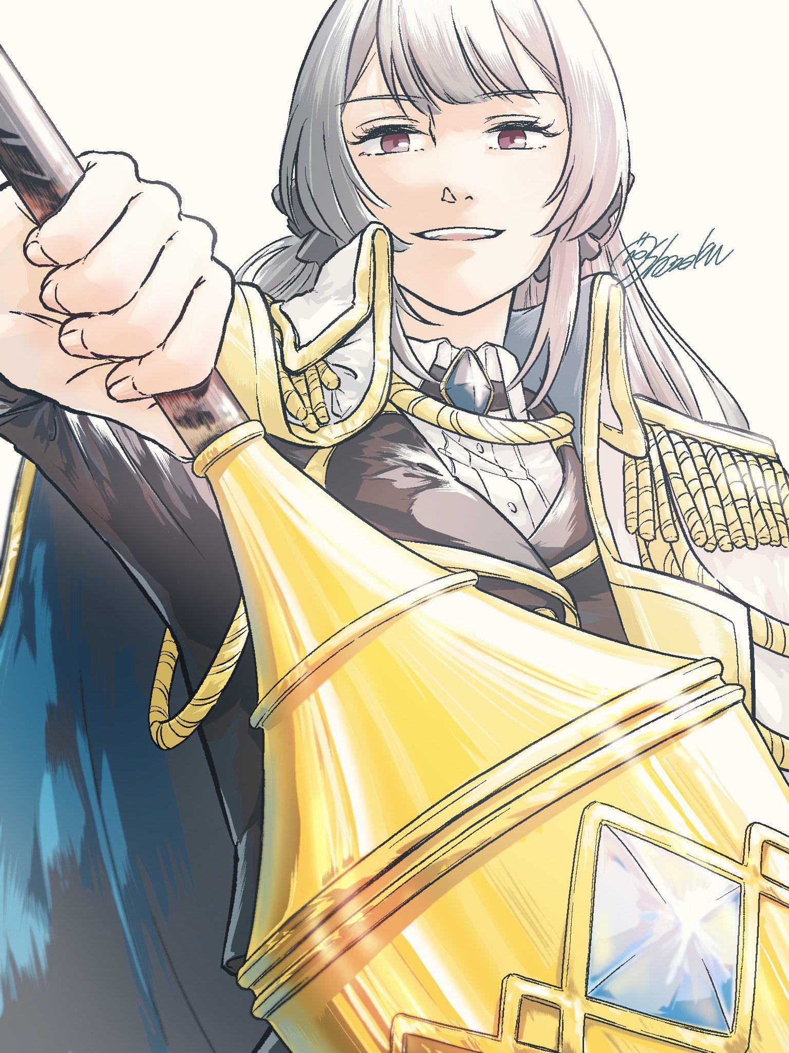 1girl aiguillette artist_name black_jacket black_ribbon blue_gemstone brown_background collared_shirt commentary epaulettes fingernails gem grey_hair hair_ribbon hand_up highres holding holding_polearm holding_weapon jacket jacket_on_shoulders lance long_hair long_sleeves looking_at_viewer outstretched_arm parted_lips polearm purple_eyes reaching reaching_towards_viewer ribbon shirt shoujo_kageki_revue_starlight shoujo_kageki_revue_starlight_-re_live- shozoku signature simple_background smile solo teeth upper_body upper_teeth_only weapon white_jacket white_shirt yukishiro_akira