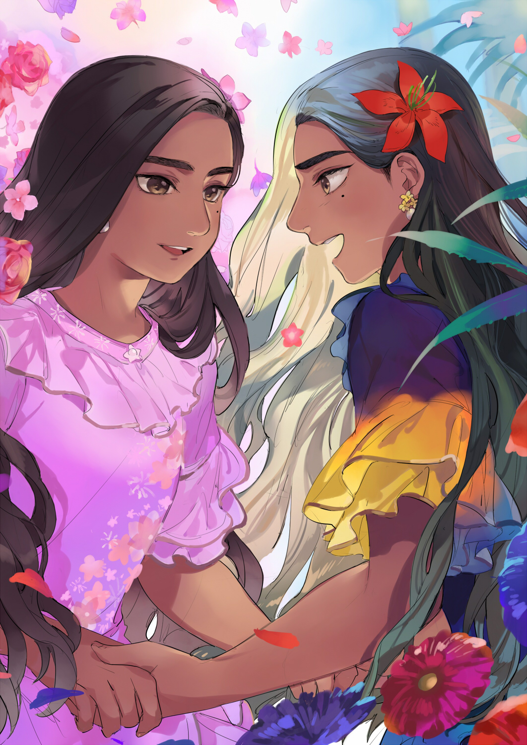 1girl animification brown_eyes brown_hair dark-skinned_female dark_skin disney dress dual_persona earrings encanto flower get3 hair_flower hair_ornament highres isabela_madrigal jewelry long_hair mole mole_under_eye purple_dress smile solo