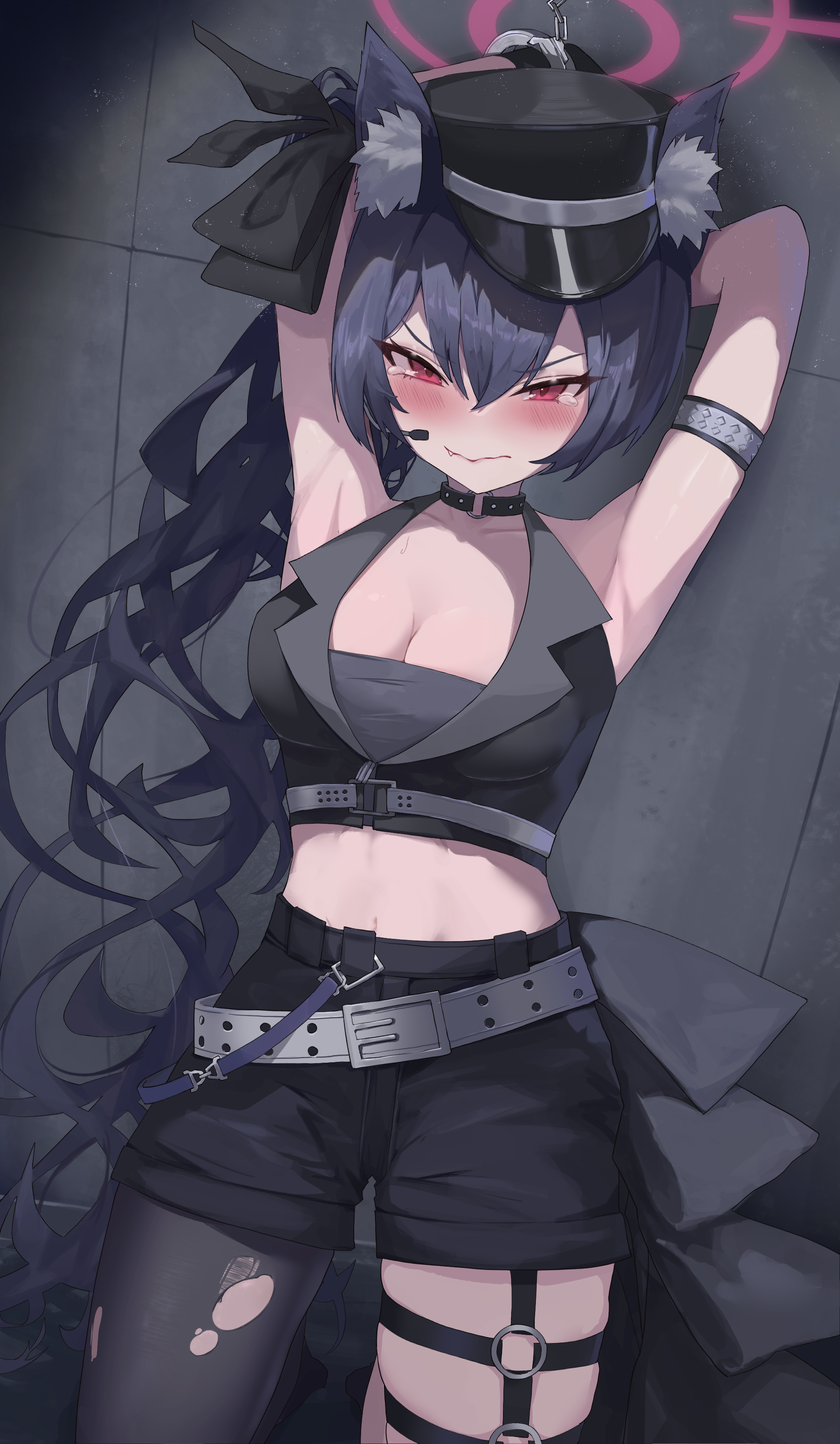 1girl absurdres animal_ear_fluff animal_ears arm_strap armpits arms_up belt belt_around_waist black_choker black_hair black_pantyhose black_shorts blue_archive blush breasts cat_ears choker crop_top halo hat highres idol_clothes long_hair looking_at_viewer mouthpiece navel nekoplanetouo official_alternate_costume official_alternate_hairstyle pantyhose peaked_cap pink_halo red_eyes red_halo restrained serika_(blue_archive) serika_(idol)_(blue_archive) shorts solo thigh_strap white_belt