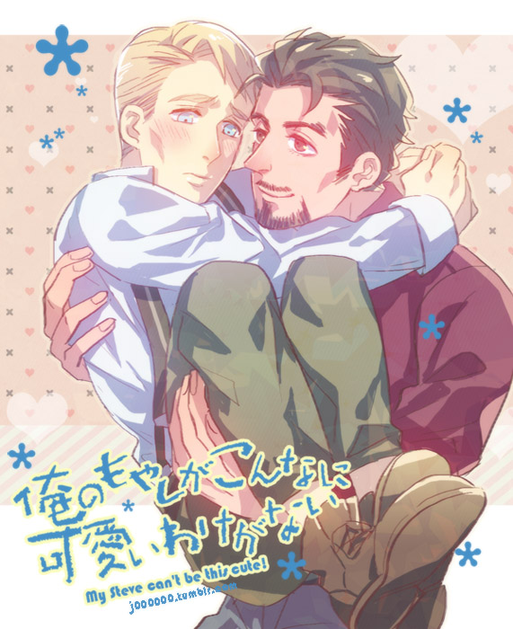 2boys avengers_(series) black_hair blonde_hair blue_eyes blush boots border brown_boots brown_eyes carrying closed_mouth collared_shirt commentary_request cross_background english_text facial_hair fingernails flower green_pants grey_pants heart heart_background jo_(artist) long_sleeves looking_at_another looking_down male_focus marvel marvel_cinematic_universe multiple_boys orange_background outside_border pants princess_carry puffy_long_sleeves puffy_sleeves red_shirt shirt short_hair smile standing steve_rogers suspenders tony_stark white_border white_shirt yaoi