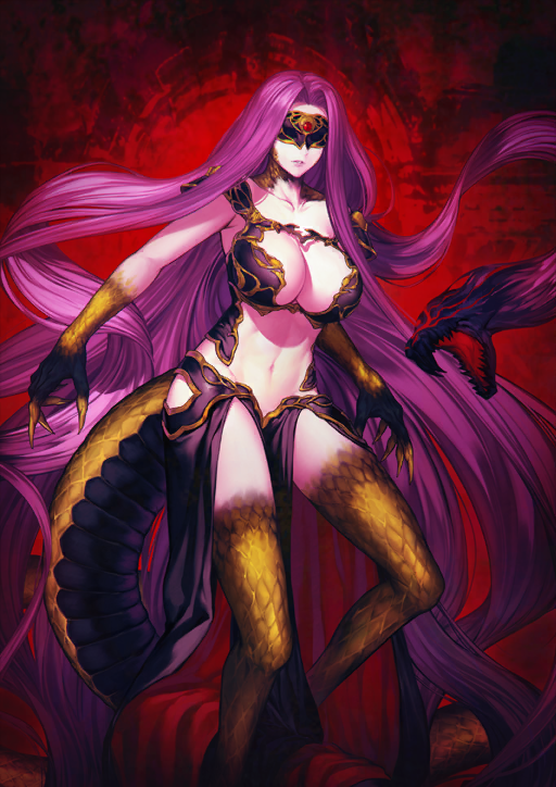 1girl absurdly_long_hair bare_arms black_blindfold black_bustier black_skirt blindfold breaker_gorgon breasts bustier claws cleavage cleavage_cutout clothing_cutout collarbone colored_extremities covered_eyes curtained_hair fate/grand_order fate_(series) feet_out_of_frame floating_hair gorgon_(fate) huge_breasts linea_alba lips long_hair medusa_(fate) monster_girl navel official_art parted_lips pelvic_curtain purple_hair red_background rider scales simosi skirt snake_hair snake_tail solo stomach tail third-party_source underwear variant_set very_long_hair yellow_scales
