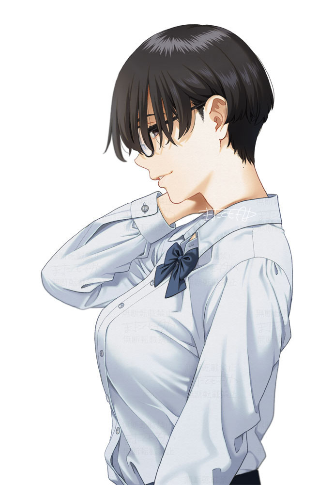 1girl black-framed_eyewear black_bow black_bowtie black_eyes black_hair bow bowtie buttons collared_shirt commentary_request from_side glasses long_sleeves mattaku_mousuke original school_uniform shirt short_hair simple_background solo white_background white_shirt