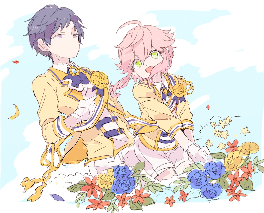 2boys ascot behind_another blue_background border brooch cloud collared_shirt cowboy_shot dress_shirt ensemble_stars! flower flower_brooch fushimi_yuzuru gloves happy himemiya_tori jacket leaning_forward male_focus matching_outfits multiple_boys oihool open_clothes open_jacket outside_border shirt shorts sketch smile three-quarter_sleeves turning_head white_border white_gloves white_shirt white_shorts wind yellow_flower yellow_jacket