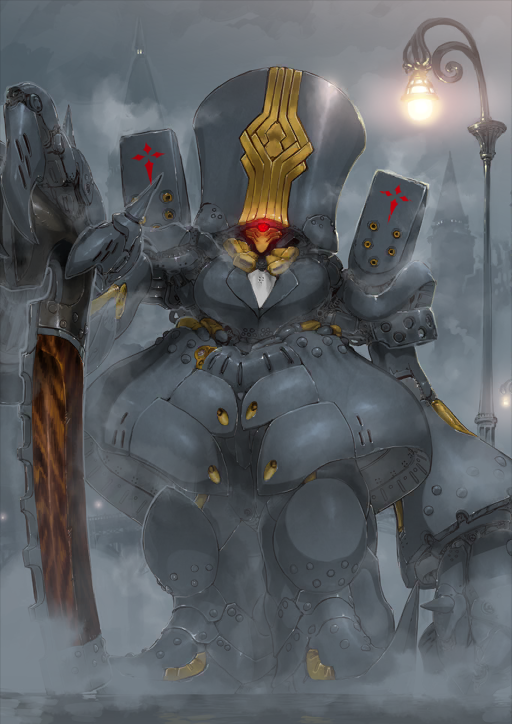 arm_at_side charles_babbage_(fate) fate/grand_order fate_(series) fog glowing glowing_eyes grey_theme hand_up i-iv_(longman) lamppost legs_together looking_at_viewer no_humans official_art overcast red_eyes robot sky standing steampunk third-party_source variant_set weapon