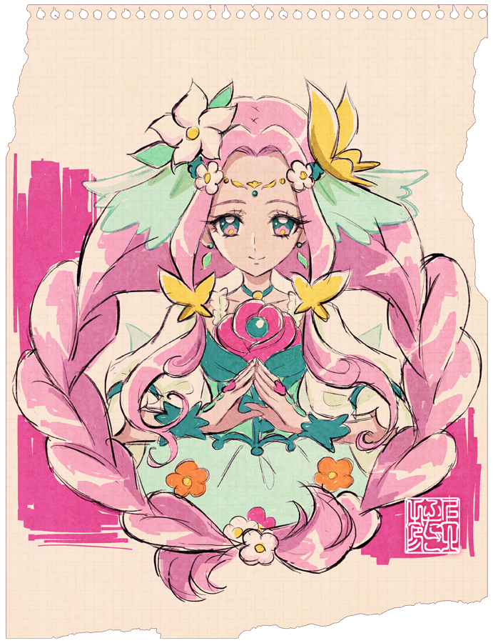 1girl artist_logo braid butterfly_hair_ornament choker circlet cure_felice flower flower_in_eye graph_paper green_choker green_wrist_cuffs hair_flower hair_ornament hanami_kotoha kamikita_futago logo long_hair looking_at_viewer mahou_girls_precure! own_hands_together paper_background pink_hair precure puffy_sleeves sidelocks smile solo stamp_mark straight_hair symbol_in_eye torn_paper twin_braids upper_body very_long_hair wrist_cuffs