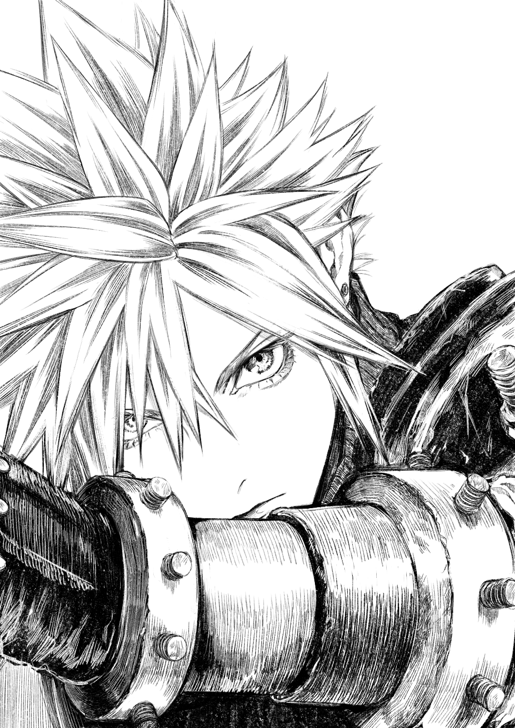 1boy arm_up armor closed_mouth cloud_strife final_fantasy final_fantasy_vii gloves greyscale hair_between_eyes highres looking_ahead male_focus monochrome pauldrons shirt short_hair shoulder_armor simple_background solo spiked_hair turtleneck upper_body urup_zzz white_background