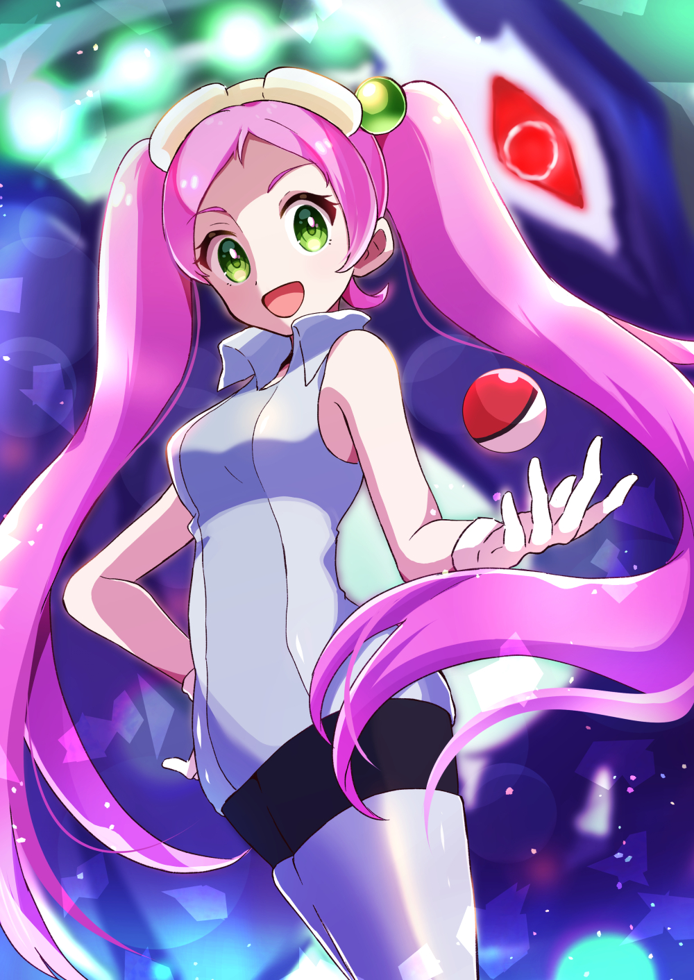 1girl :d black_pantyhose blurry boots breasts collared_dress commentary_request dress eyelashes floating_hair gen_2_pokemon gloves goggles goggles_on_head green_eyes grey_dress grey_footwear hair_bobbles hair_ornament hanezu_haru highres legendary_pokemon long_hair looking_at_viewer lovrina_(pokemon) lugia nintendo open_mouth pantyhose pink_hair poke_ball poke_ball_(basic) pokemon pokemon_(creature) pokemon_xd shadow_lugia short_dress sleeveless smile thigh_boots thighhighs tongue twintails very_long_hair white_gloves