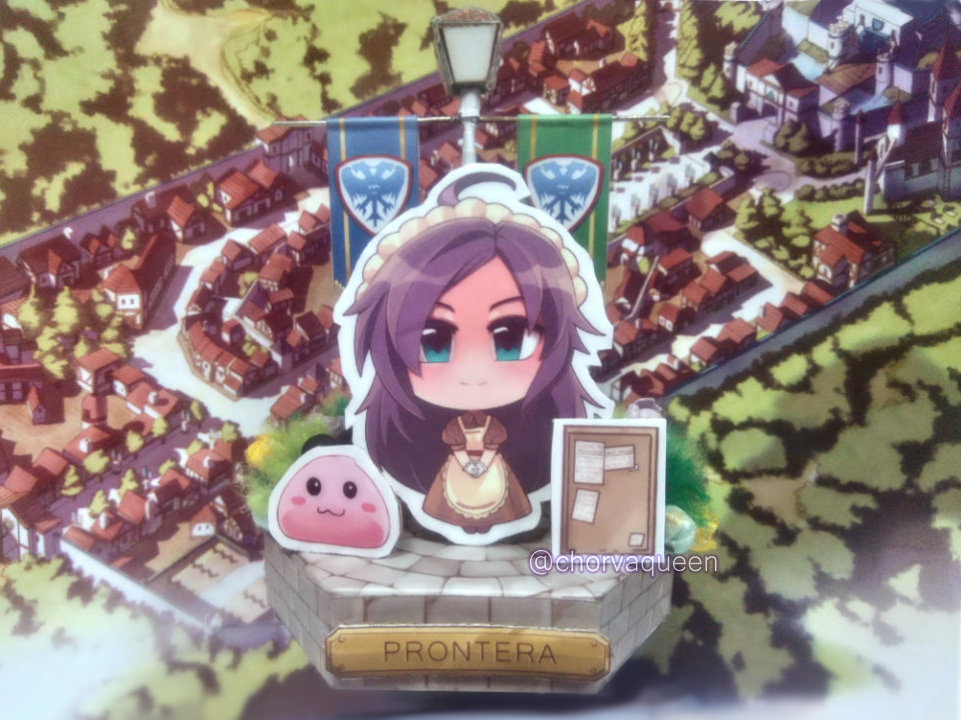 1girl :3 apron banner blue_eyes blush brown_dress chorvaqueen closed_mouth commentary diorama_(medium) dress english_commentary frilled_apron frills full_body game_screenshot_background gloves kafra_uniform lamppost long_hair looking_at_viewer maid maid_headdress pavianne_(ragnarok_online) photo_(medium) poring puffy_short_sleeves puffy_sleeves purple_hair ragnarok_online screenshot_background short_sleeves slime_(creature) smile solo unconventional_media white_apron white_gloves