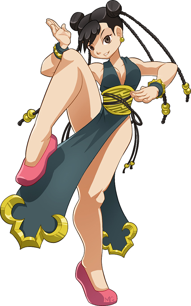 1990s_(style) 1girl alternate_costume arm_up armpits bare_legs blush bracelet breasts brown_eyes brown_hair capcom chun-li cleavage collarbone double_bun dress earrings female_focus fighting_stance full_body hair_bun hair_ornament halterneck jewelry kin lips looking_at_viewer mario_grant open_clothes parody pelvic_curtain retro_artstyle sash short_hair simple_background smile solo standing standing_on_one_leg street_fighter street_fighter_ii_(series) street_fighter_iv_(series) studded_bracelet style_parody teeth white_background
