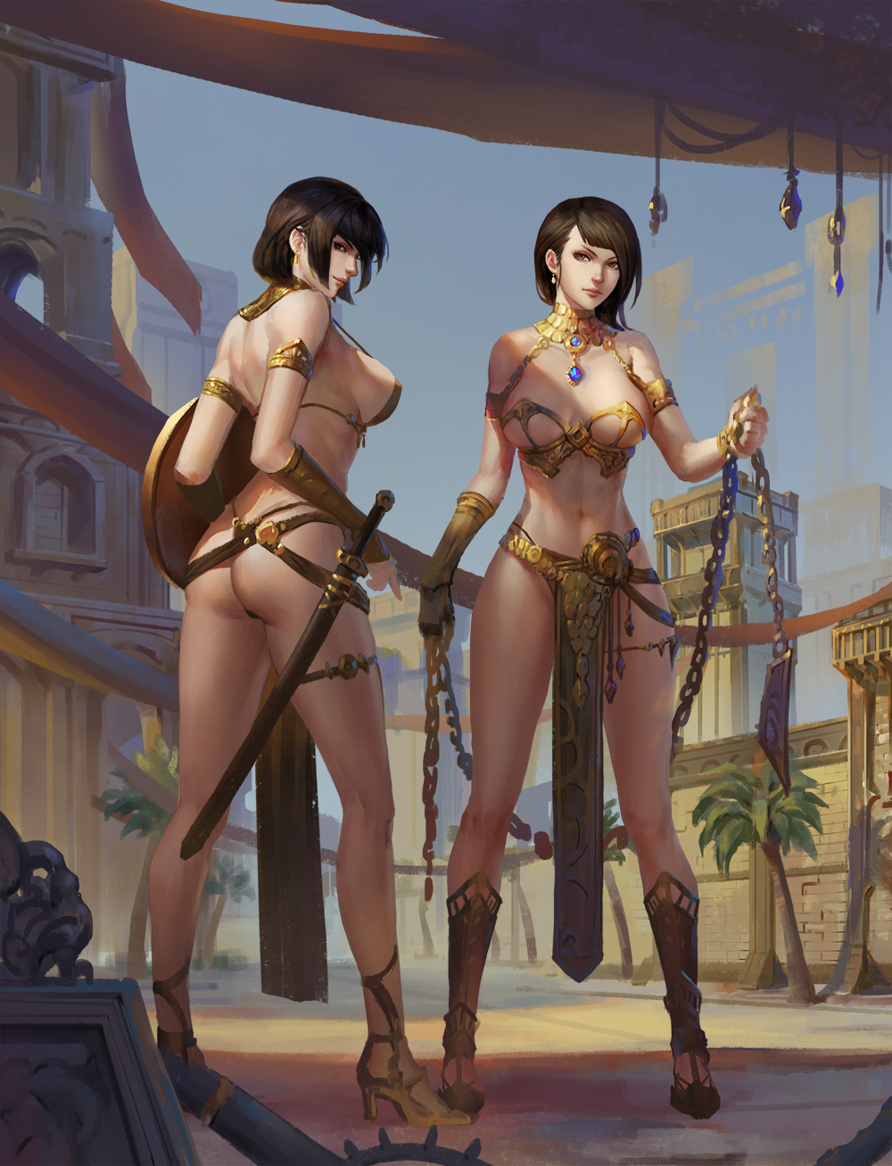 2girls ancient_egyptian armor ass bikini bikini_armor black_hair breasts breasts_apart brown_eyes cleavage earrings egypt flail from_behind gauntlets high_heels highres jewelry jiam009 large_breasts lips looking_back lots_of_jewelry multiple_girls navel necktie original pelvic_curtain revision sandals shadow sheath sheathed shield short_hair sideboob sky strap_gap swimsuit sword thong thong_bikini tower warrior weapon