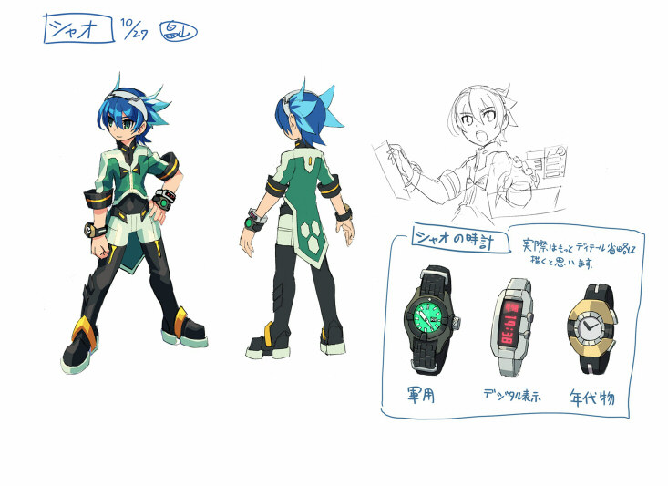 1boy azure_striker_gunvolt azure_striker_gunvolt_2 black_bodysuit blue_hair bodysuit commentary_request concept_art full_body green_jacket green_shorts jacket official_art reference_sheet short_hair shorts simple_background translation_request white_background xiao_wu_(gunvolt)
