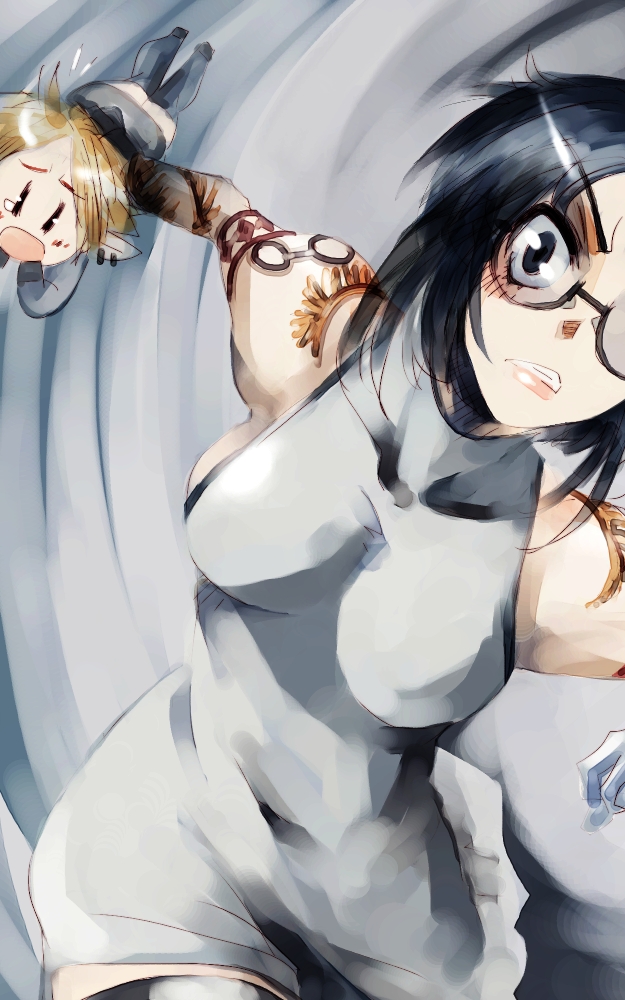 00s 2girls angry arms_behind_head blue_eyes blue_hair breasts ciel_(tsukihime) clenched_teeth impending_throw mike156 multiple_girls nanako nanako_(tsukihime) pointy_ears powered_ciel short_hair sleeveless tattoo teeth thighhighs tsukihime