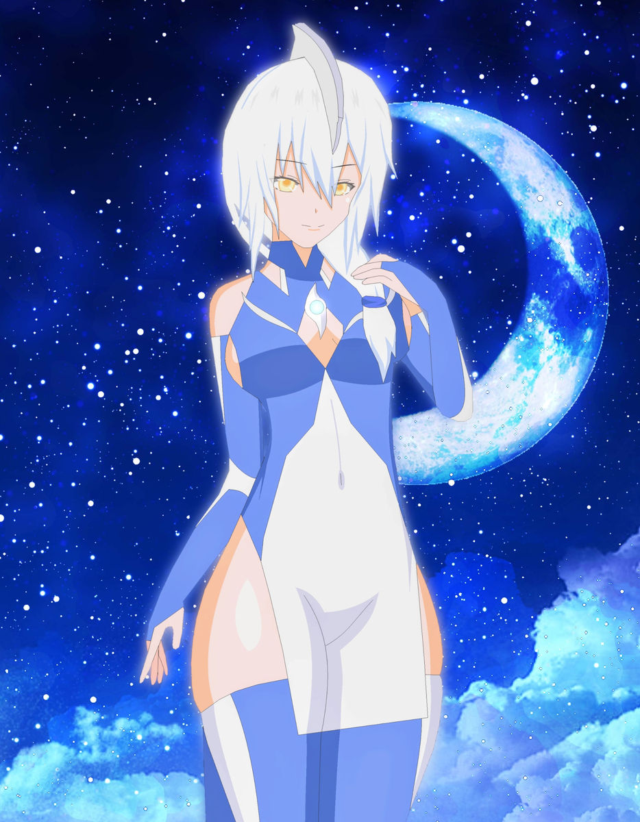 blue_background breasts cloud female highres moon personification ultra_series ultraman_cosmos_(series) yellow_eyes