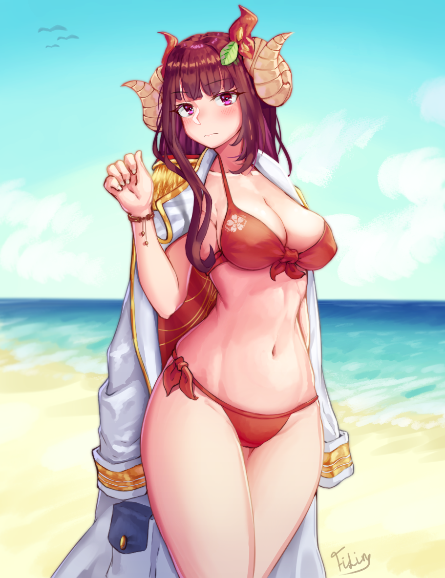 1girl azur_lane bare_shoulders beach bikini bird blue_sky blunt_bangs blush bracelet breasts brown_hair cleavage cloud collarbone covered_erect_nipples curled_horns filin floral_print flower hair_flower hair_ornament horns jacket jacket_on_shoulders jewelry large_breasts long_hair looking_at_viewer midriff navel ocean purple_eyes red_bikini red_flower sand seagull sidelocks signature sky solo standing stomach suruga_(azur_lane) swimsuit thighs