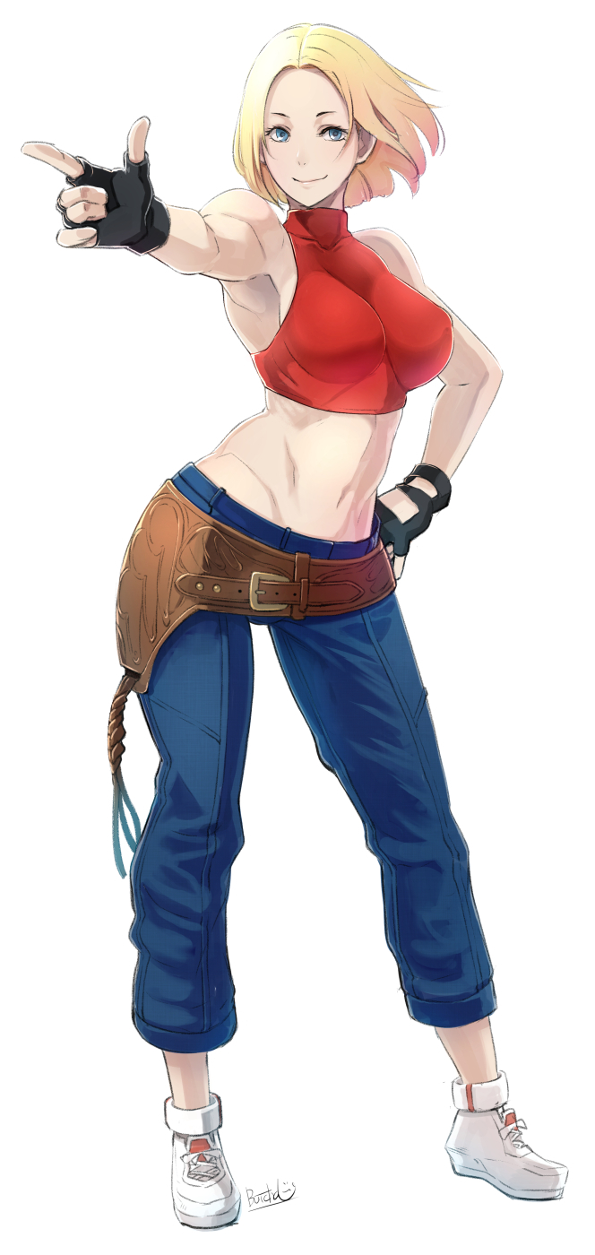 1girl belt blonde_hair blue_eyes blue_mary blue_pants bob_cut breasts butcha-u covered_erect_nipples fatal_fury fingerless_gloves gloves groin hand_on_own_hip highres medium_breasts midriff navel pants pointing shoes short_hair smile solo the_king_of_fighters toned white_shoes